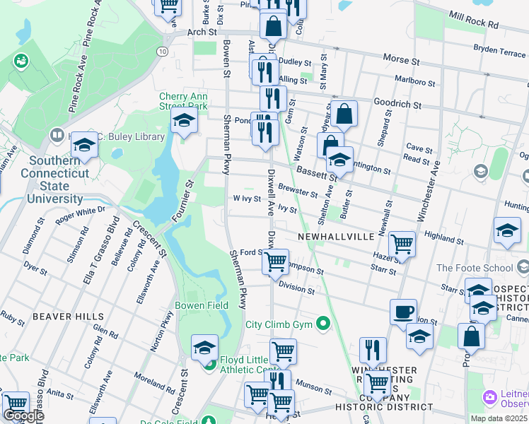 map of restaurants, bars, coffee shops, grocery stores, and more near 604 Dixwell Avenue in New Haven