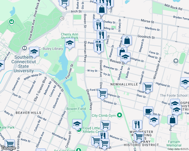 map of restaurants, bars, coffee shops, grocery stores, and more near 604 Dixwell Avenue in New Haven