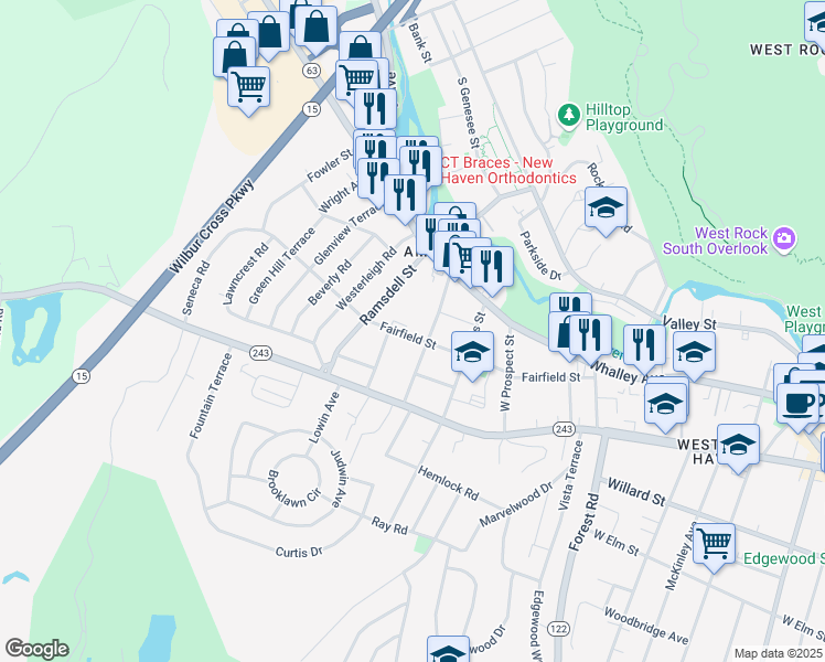 map of restaurants, bars, coffee shops, grocery stores, and more near 47 Anthony Street in New Haven