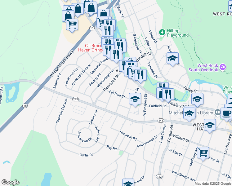 map of restaurants, bars, coffee shops, grocery stores, and more near 55 Benton Street in New Haven