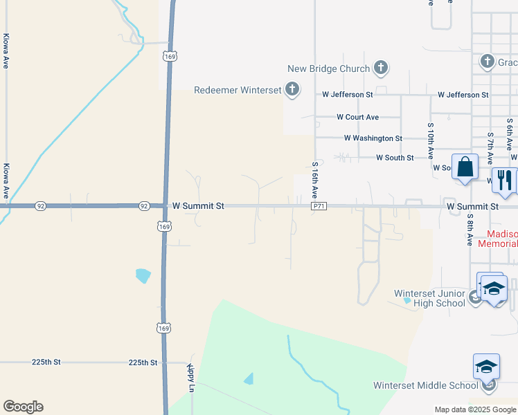map of restaurants, bars, coffee shops, grocery stores, and more near 1824 West Summit Street in Winterset