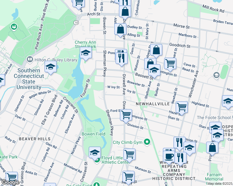 map of restaurants, bars, coffee shops, grocery stores, and more near 604 Dixwell Avenue in New Haven