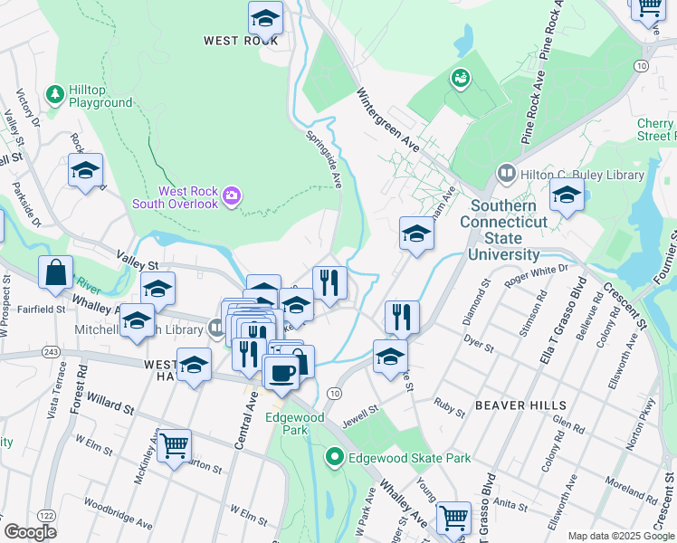 map of restaurants, bars, coffee shops, grocery stores, and more near 60 Springside Avenue in New Haven