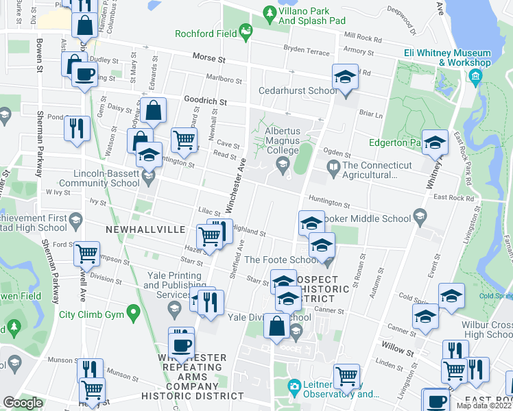 map of restaurants, bars, coffee shops, grocery stores, and more near 104 Sheldon Terrace in New Haven