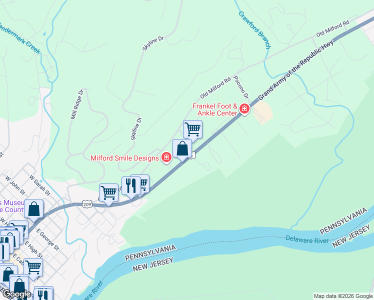 map of restaurants, bars, coffee shops, grocery stores, and more near 101 Wheatfield Drive in Milford