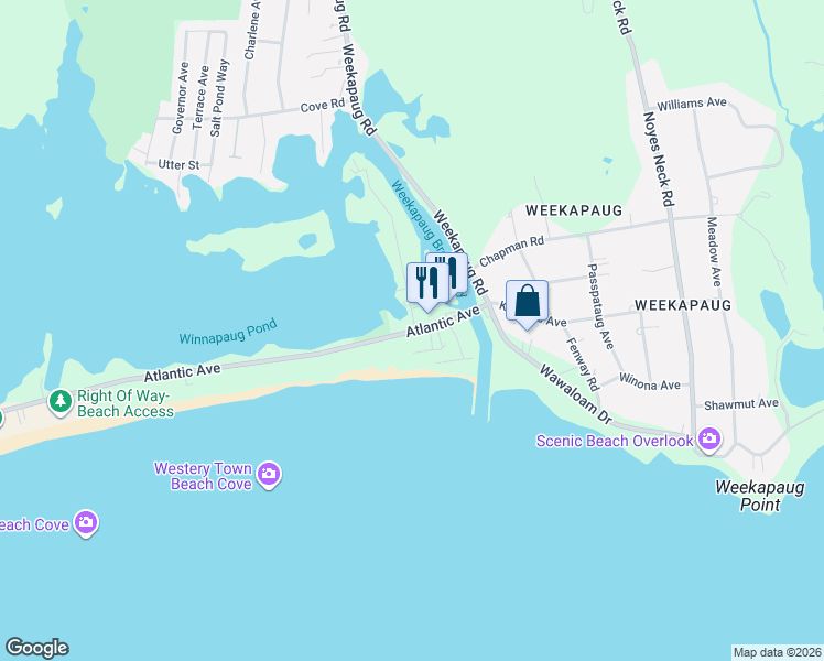 map of restaurants, bars, coffee shops, grocery stores, and more near 698 Atlantic Ave in Westerly