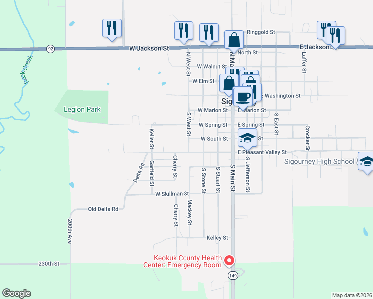 map of restaurants, bars, coffee shops, grocery stores, and more near 400 West Hickory Street in Sigourney