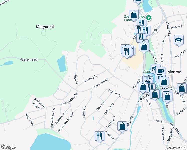 map of restaurants, bars, coffee shops, grocery stores, and more near 15 Newbury Street in Monroe