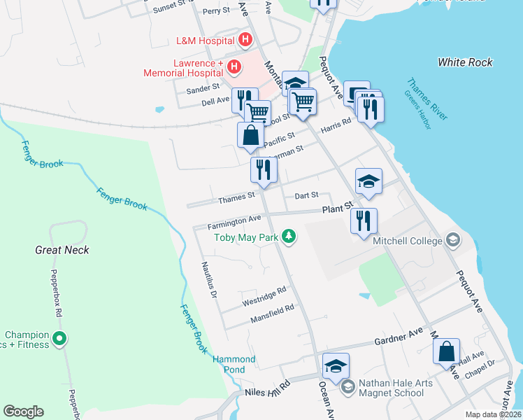 map of restaurants, bars, coffee shops, grocery stores, and more near 563 Ocean Avenue in New London