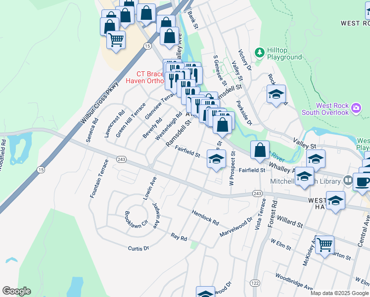 map of restaurants, bars, coffee shops, grocery stores, and more near 217 Fairfield Street in New Haven
