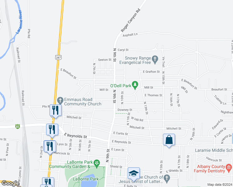 map of restaurants, bars, coffee shops, grocery stores, and more near 2254 North 9th Street in Laramie