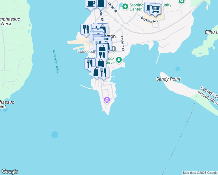 map of restaurants, bars, coffee shops, grocery stores, and more near 57 Ash Street in Stonington