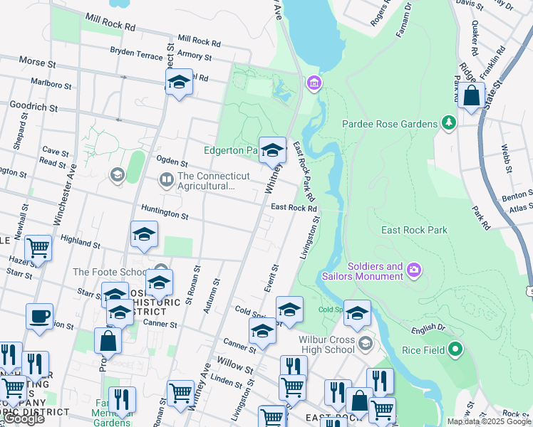map of restaurants, bars, coffee shops, grocery stores, and more near in New Haven