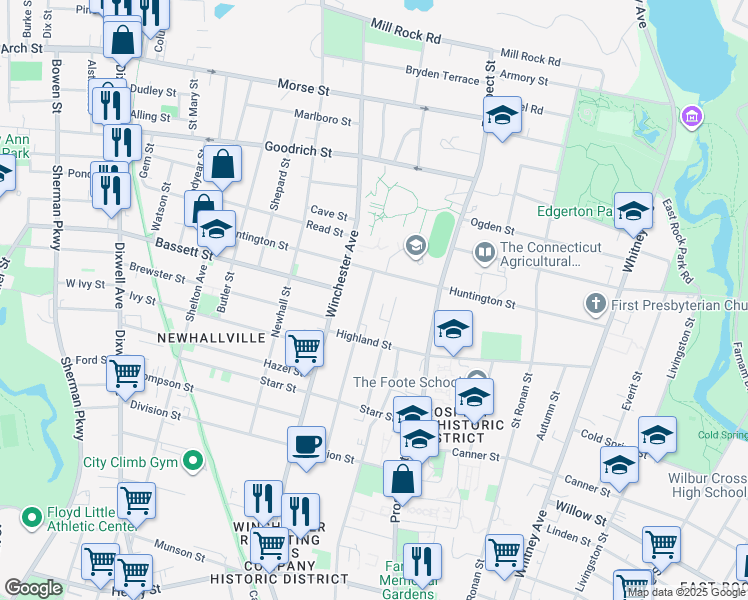 map of restaurants, bars, coffee shops, grocery stores, and more near 278 Huntington Street in New Haven