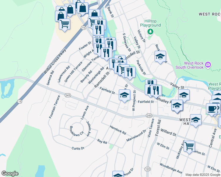map of restaurants, bars, coffee shops, grocery stores, and more near 88 Anthony Street in New Haven