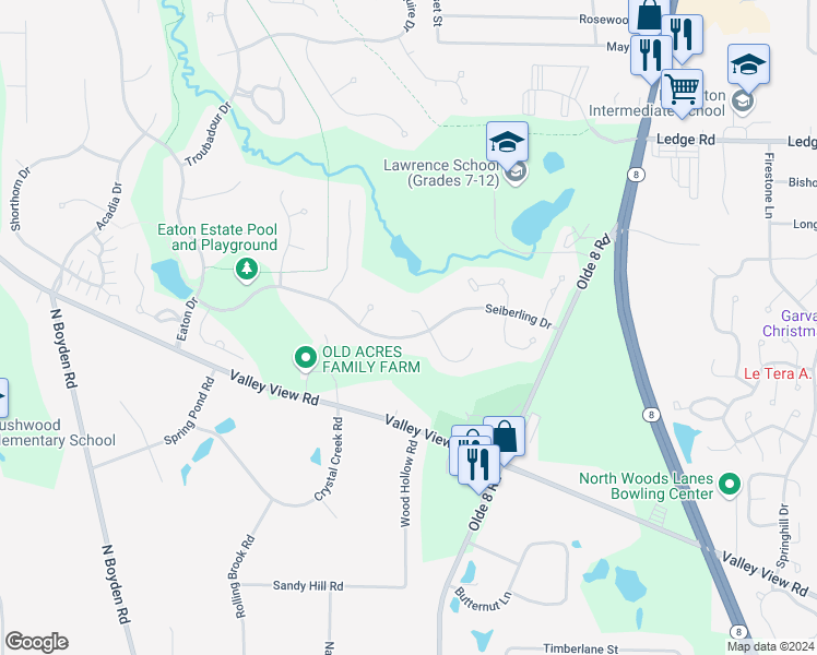 map of restaurants, bars, coffee shops, grocery stores, and more near 175 Seiberling Drive in Northfield