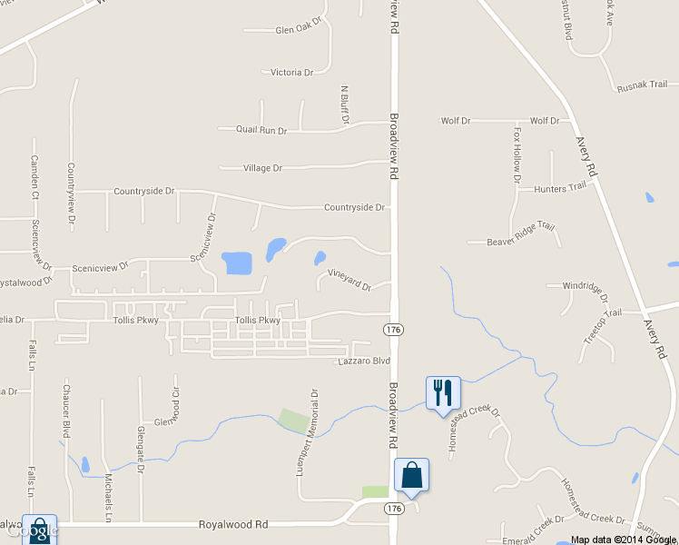 map of restaurants, bars, coffee shops, grocery stores, and more near 800 Vineyard Drive in Broadview Heights
