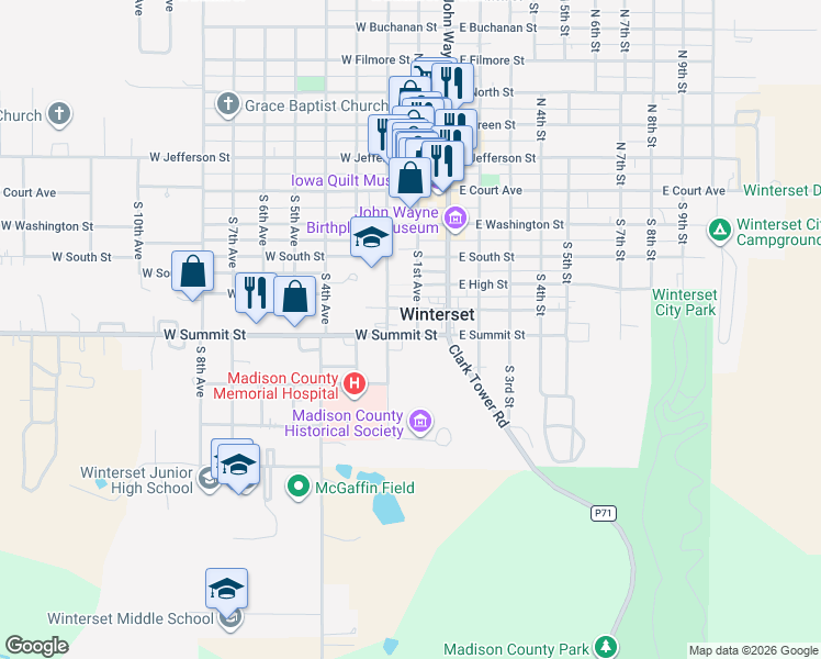 map of restaurants, bars, coffee shops, grocery stores, and more near 415 South 2nd Street in Winterset