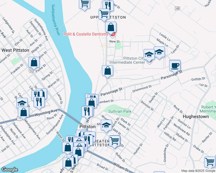 map of restaurants, bars, coffee shops, grocery stores, and more near 118-120 Parsonage St in Pittston