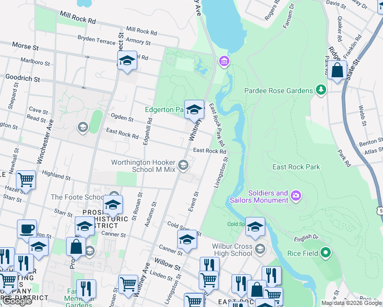 map of restaurants, bars, coffee shops, grocery stores, and more near in New Haven