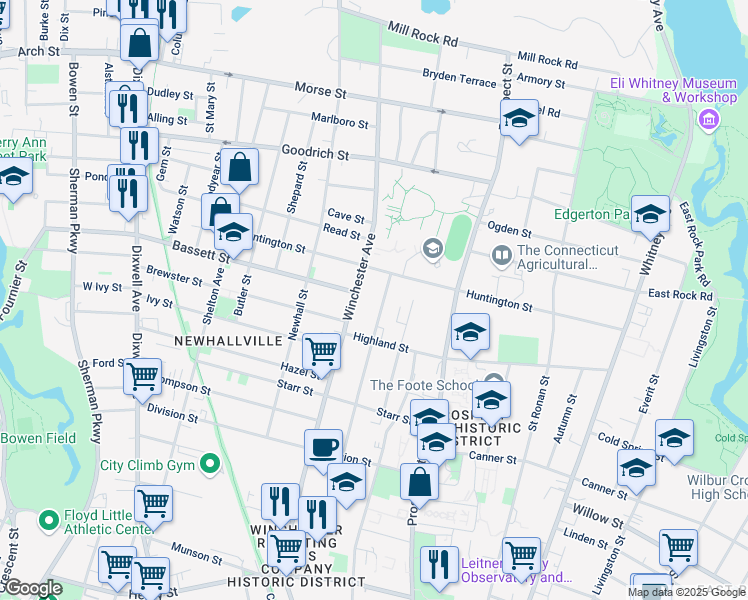 map of restaurants, bars, coffee shops, grocery stores, and more near 747 Winchester Avenue in New Haven