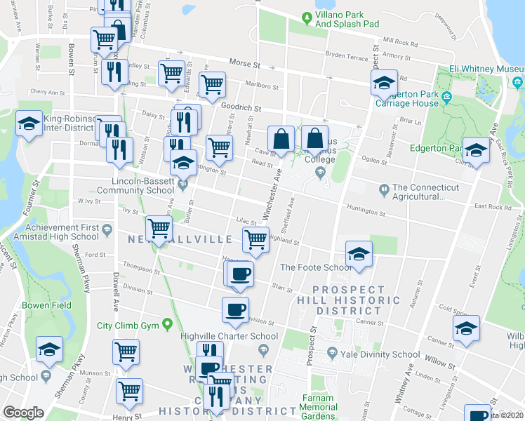 map of restaurants, bars, coffee shops, grocery stores, and more near 747 Winchester Avenue in New Haven
