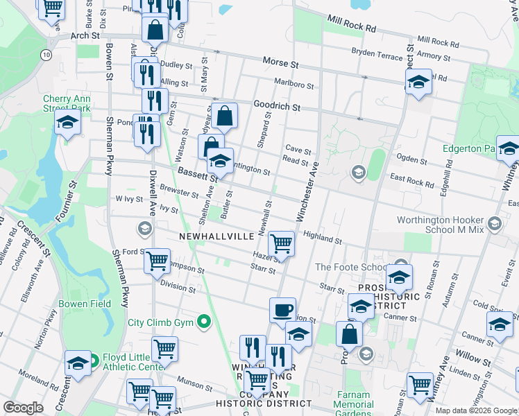 map of restaurants, bars, coffee shops, grocery stores, and more near 60 Bassett Street in New Haven