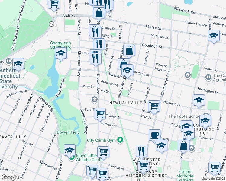 map of restaurants, bars, coffee shops, grocery stores, and more near 28 Brewster Street in New Haven