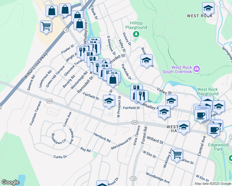 map of restaurants, bars, coffee shops, grocery stores, and more near 1279 Whalley Avenue in New Haven