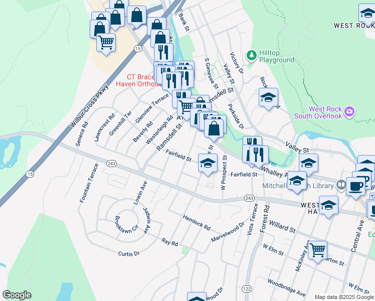 map of restaurants, bars, coffee shops, grocery stores, and more near 88 Anthony Street in New Haven