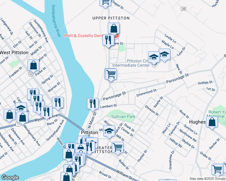map of restaurants, bars, coffee shops, grocery stores, and more near 118-120 Parsonage St in Pittston