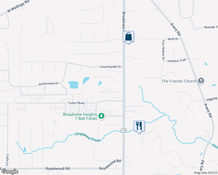 map of restaurants, bars, coffee shops, grocery stores, and more near 800 Vineyard Drive in Broadview Heights