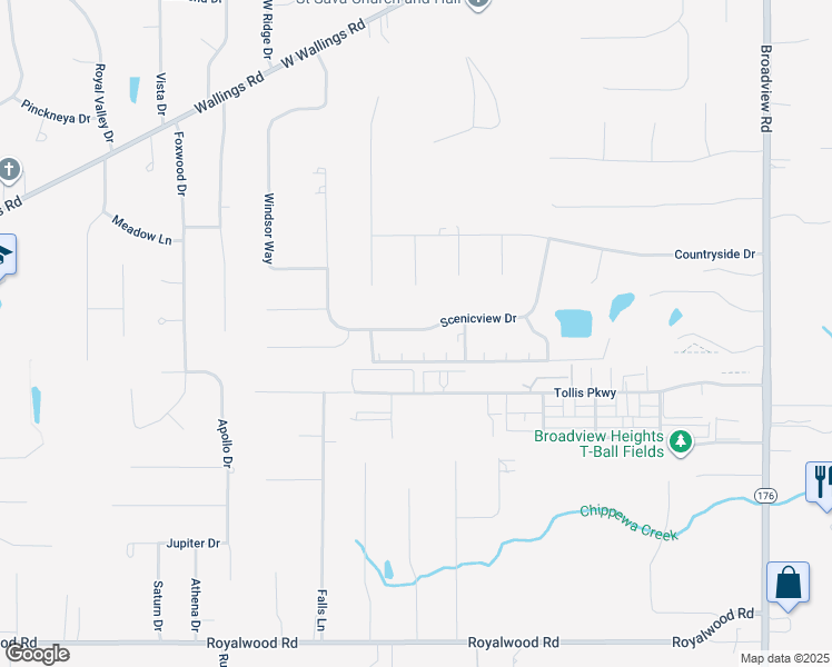 map of restaurants, bars, coffee shops, grocery stores, and more near 8654 Scenicview Drive in Broadview Heights