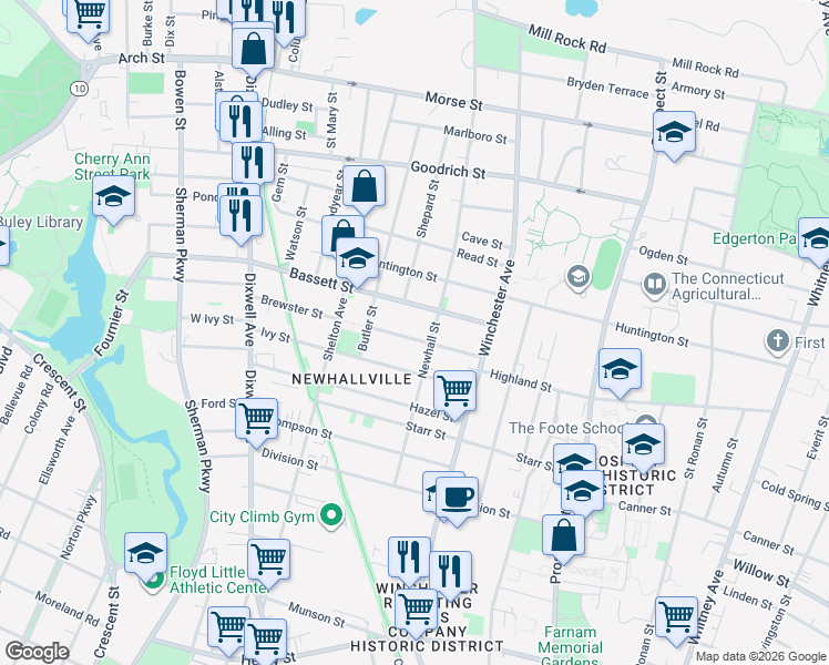 map of restaurants, bars, coffee shops, grocery stores, and more near 69 Lilac Street in New Haven