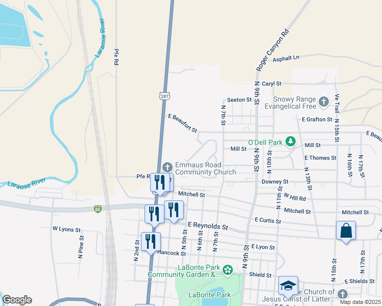 map of restaurants, bars, coffee shops, grocery stores, and more near 530 Beaufort Street in Laramie
