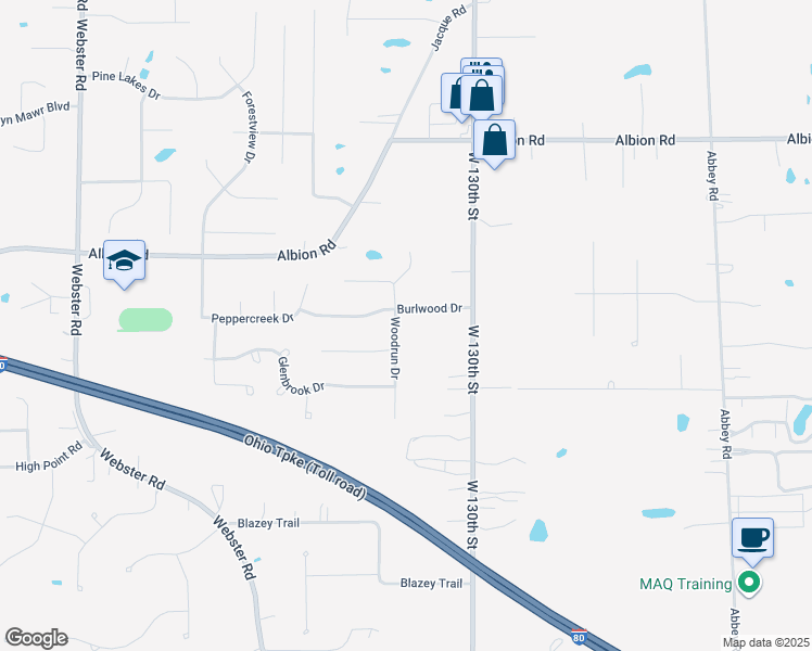 map of restaurants, bars, coffee shops, grocery stores, and more near 11009 Woodrun Drive in Strongsville