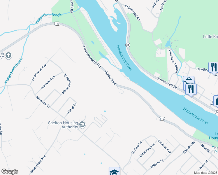 map of restaurants, bars, coffee shops, grocery stores, and more near 15 Housatonic Rise in Shelton