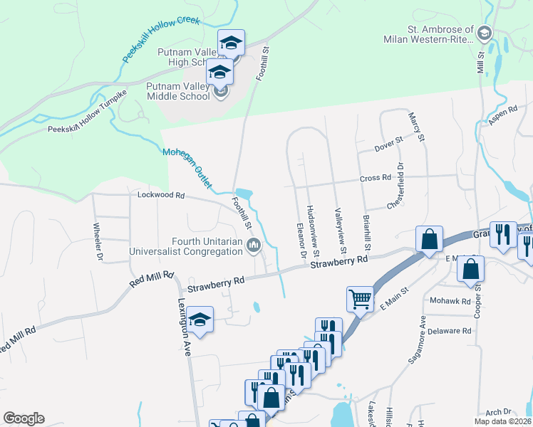 map of restaurants, bars, coffee shops, grocery stores, and more near 3766 Foothill Street in Mohegan Lake