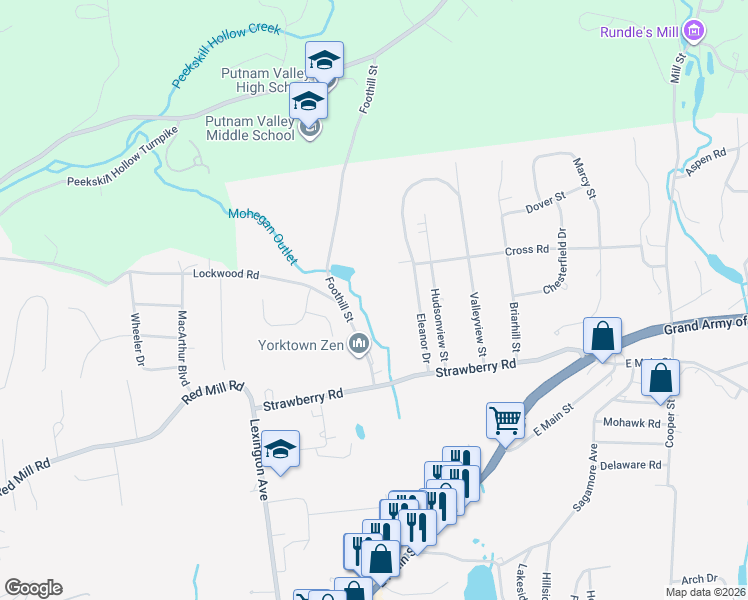 map of restaurants, bars, coffee shops, grocery stores, and more near 3766 Foothill Street in Mohegan Lake