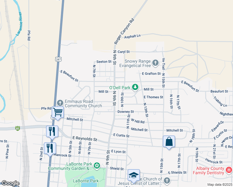 map of restaurants, bars, coffee shops, grocery stores, and more near 2254 North 9th Street in Laramie