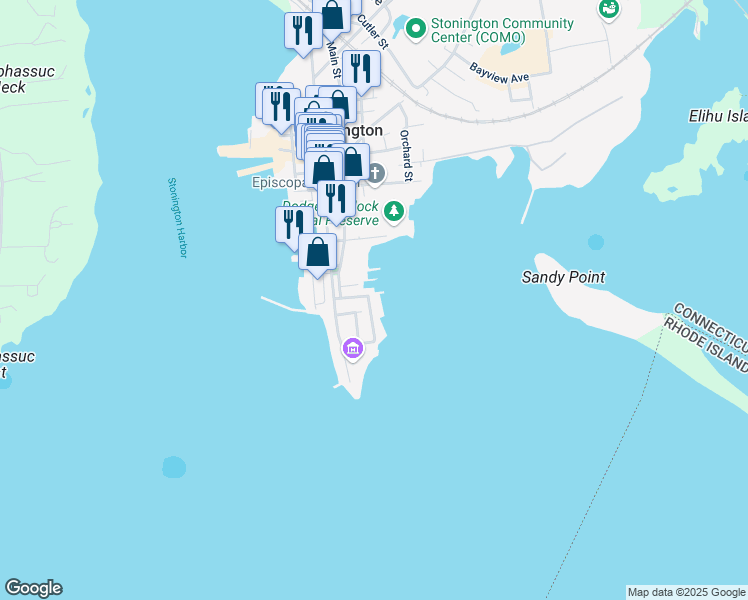 map of restaurants, bars, coffee shops, grocery stores, and more near 28 Diving Street in Stonington