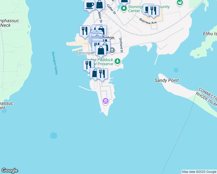 map of restaurants, bars, coffee shops, grocery stores, and more near 57 Ash Street in Stonington