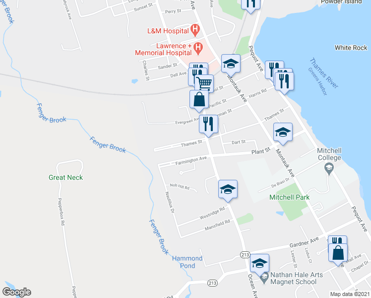 map of restaurants, bars, coffee shops, grocery stores, and more near 219 Thames Street in New London