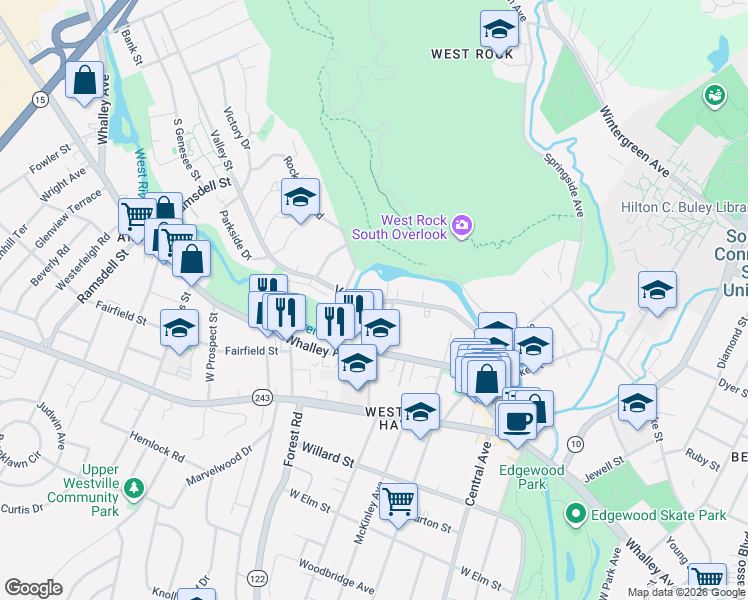 map of restaurants, bars, coffee shops, grocery stores, and more near 177 Valley Street in New Haven