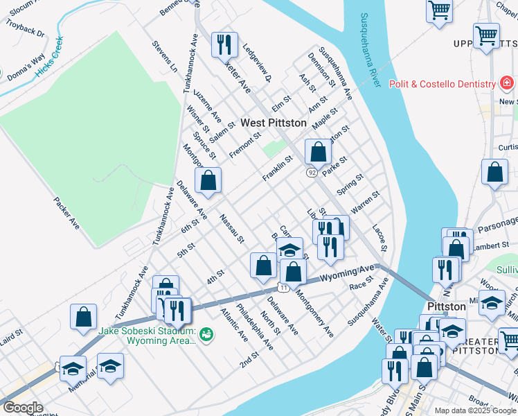map of restaurants, bars, coffee shops, grocery stores, and more near 316 Washington Street in Luzerne County