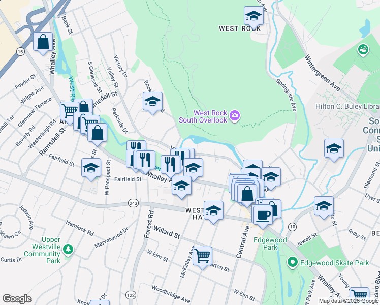 map of restaurants, bars, coffee shops, grocery stores, and more near 177 Valley Street in New Haven