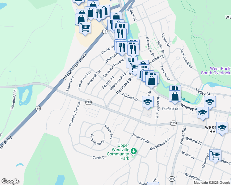 map of restaurants, bars, coffee shops, grocery stores, and more near 70 Ramsdell Street in New Haven