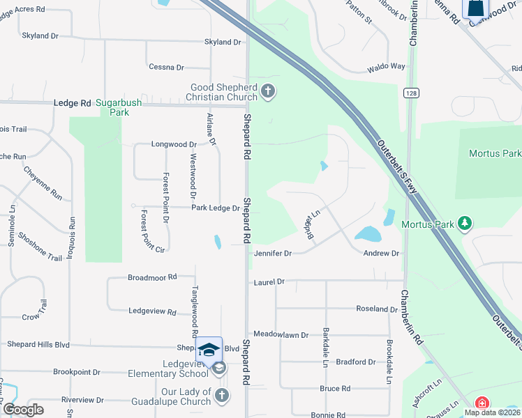 map of restaurants, bars, coffee shops, grocery stores, and more near 9411 Shepard Road in Macedonia