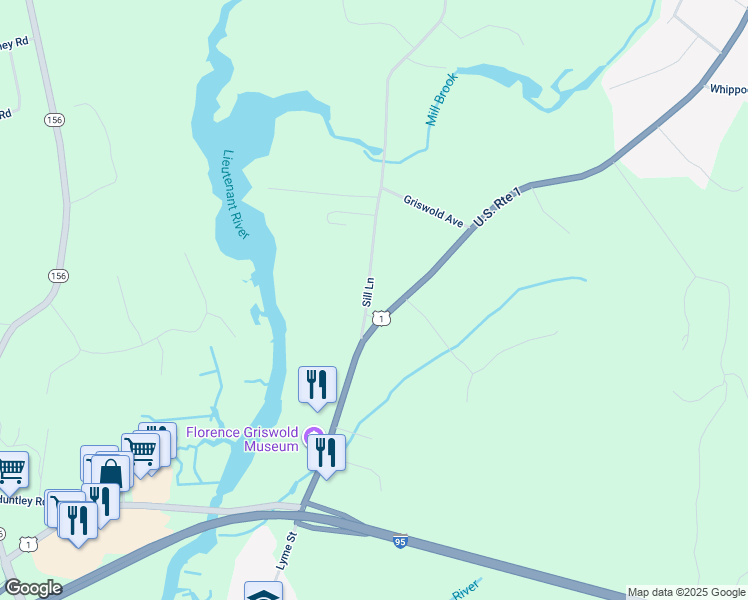 map of restaurants, bars, coffee shops, grocery stores, and more near 1 Sill Lane in Old Lyme