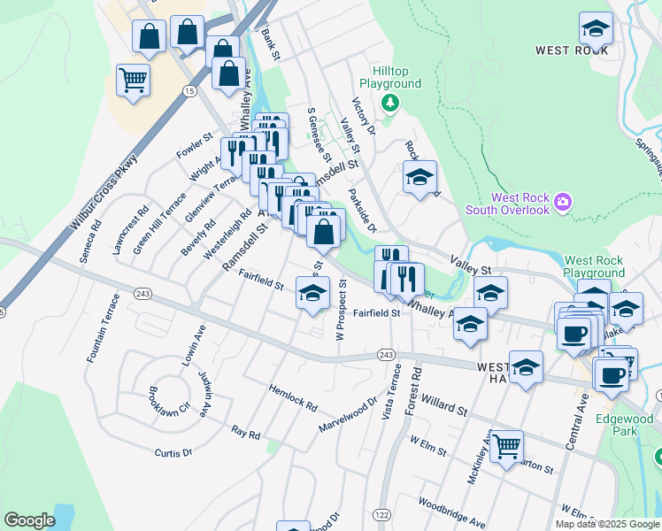 map of restaurants, bars, coffee shops, grocery stores, and more near 1276 Whalley Ave in New Haven